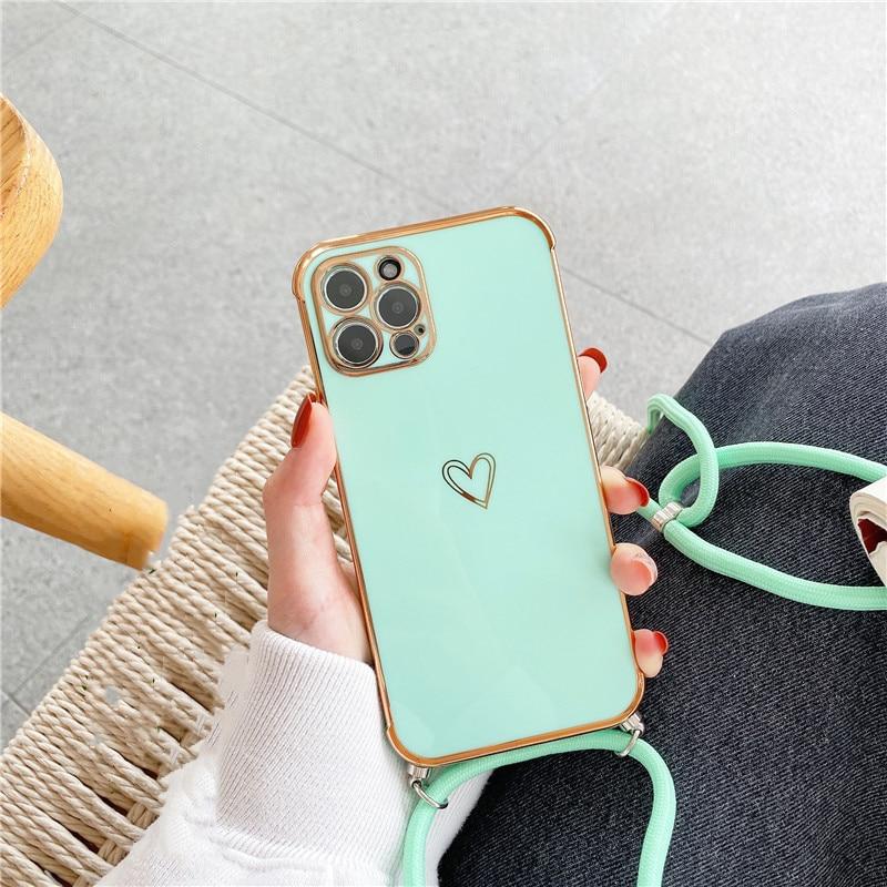 Electroplated Love Heart Crossbody Rope Case - Apple - Influcase